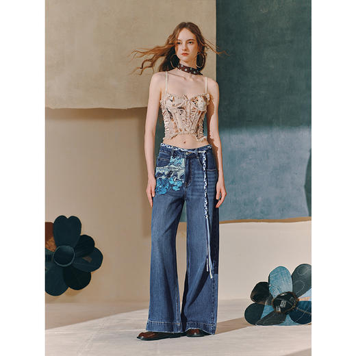 两三事梵高文艺靛蓝象限2025秋季新款印花流苏系带水洗蓝牛仔裤女 商品图2