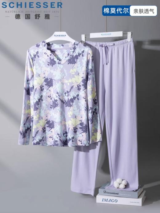 【棉莫水墨花卉】德国舒雅女士秋冬棉莫代尔睡衣印花舒适v领套头家居服套装31/25111H 商品图4