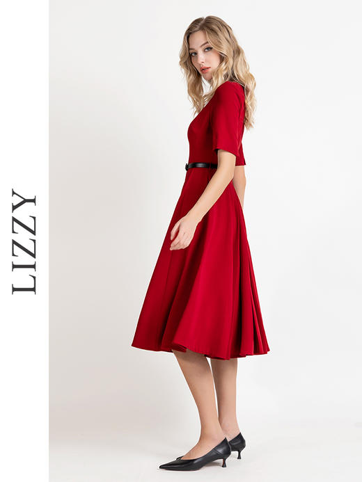 LIZZY 早秋优雅精致通勤赫本风短袖大摆连衣裙{配腰带}8009 商品图2