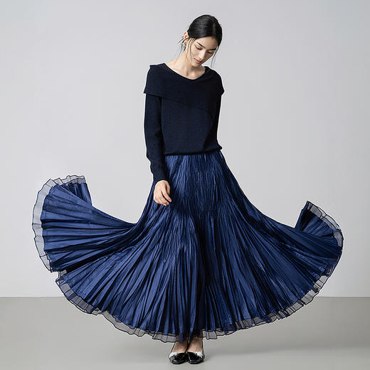 【林栖设计小店】（藏青色/黑色预售12.11）碎钻手工捏褶皱半身裙紫色2025秋季拼真丝休闲文艺新款长裙女1953039 商品图9