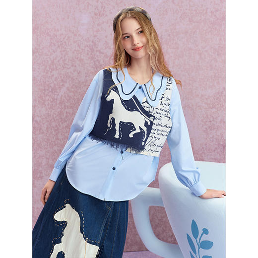 两三事梵高文艺氤氲画幕2025秋新款流苏印花针织拼接假两件衬衫女 商品图1