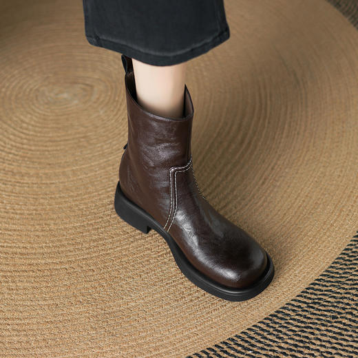 阿么手工女鞋2025秋冬新款复古大头真皮短靴英伦风百搭时装靴4CM 商品图4
