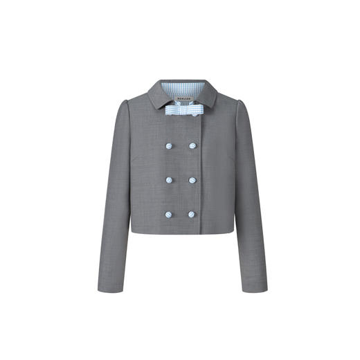 HERLIAN2025年秋季新品女士绵羊毛短外套格纹拼色设计蝴蝶结装饰 商品图4