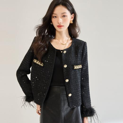 「高货sh」全新升级【铂金会员441/天猫599/差价158】(02645)洛诗琳新款可拆卸鸵鸟毛编织外套2025秋季气质小香风外套sh02645 商品图0