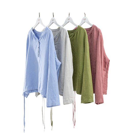 绽放572朵/重磅皱纹亚麻半开襟下摆抽绳设计感圆领长袖衬衫女秋季 商品图4