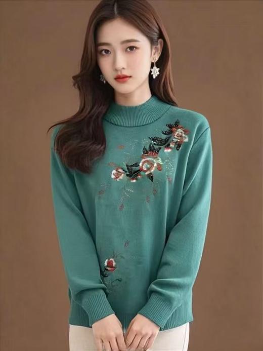 【孤品捡漏】G191加绒厚款刺绣湖蓝毛衣-喜出 商品图0