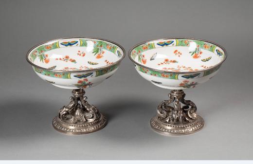 独角鹿西洋古董20世纪法国著名金银器工坊ODIOT出品古典卷叶纹纯银精雕装饰繁花蝶雀主题中国粉彩瓷碗一对 商品图0