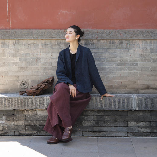 绽放旅行女装597朵/加厚色织亚麻复古文艺翻领系扣长袖西装外套女 商品图2