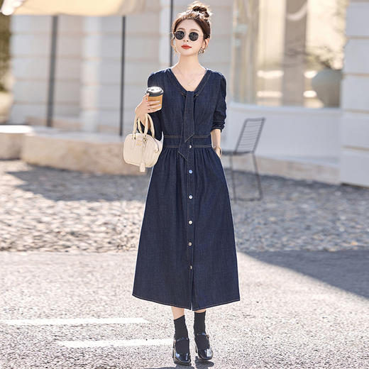 HR DMGY2602韩系气质复古牛仔连衣裙收腰显瘦裙 商品图1