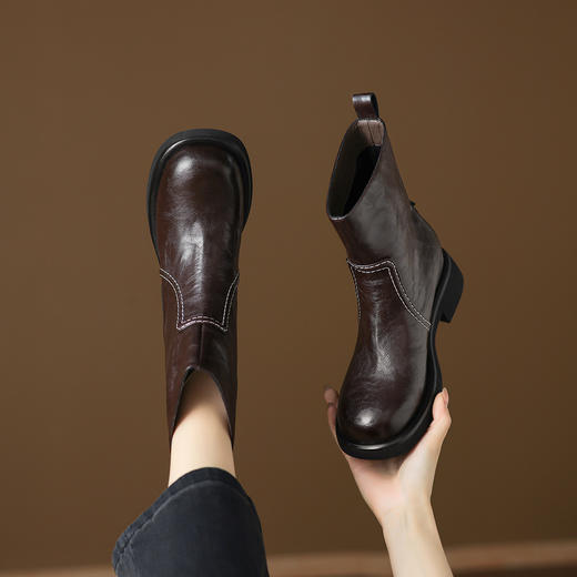 阿么手工女鞋2025秋冬新款复古大头真皮短靴英伦风百搭时装靴4CM 商品图2
