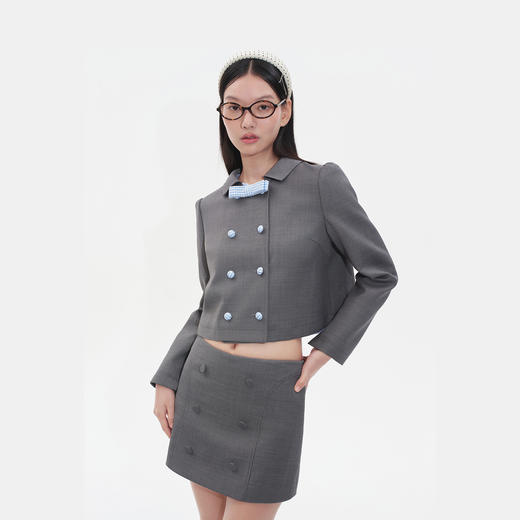 HERLIAN2025年秋季新品女士绵羊毛短外套格纹拼色设计蝴蝶结装饰 商品图2