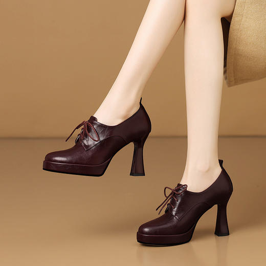 YLYH3736系带配裙子深口单鞋女2025新款百搭粗跟真皮舒适高跟防水台小皮鞋 商品图1