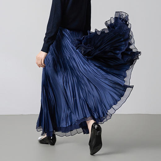 【林栖设计小店】（藏青色/黑色预售12.11）碎钻手工捏褶皱半身裙紫色2025秋季拼真丝休闲文艺新款长裙女1953039 商品图1