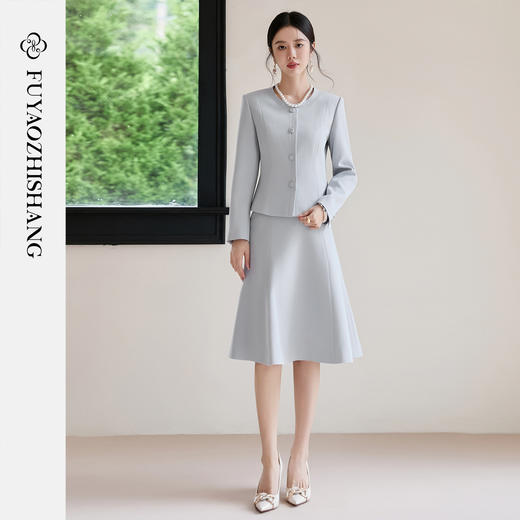 FUYAO扶摇 醋酸时尚套装女2025早秋蓝色圆领气质小香风西装两件套 商品图3