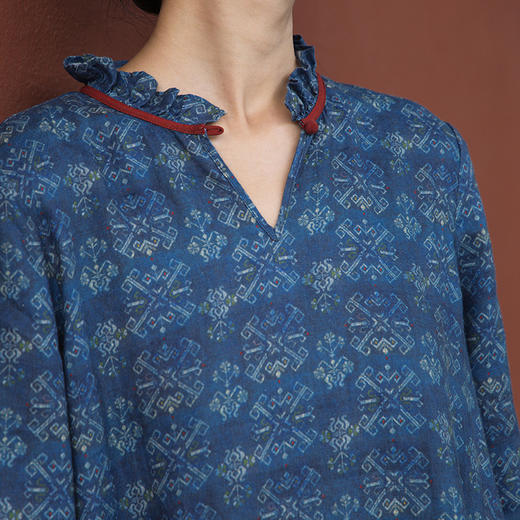 绽放590朵/亚麻印花花边领设计感文艺正常肩度假裙长袖连衣裙女秋 商品图2