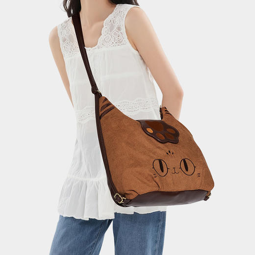 大英博物馆复古咖色棕色灯芯绒单肩包女高级感轻奢双肩包大容量两用萌猫 商品图1