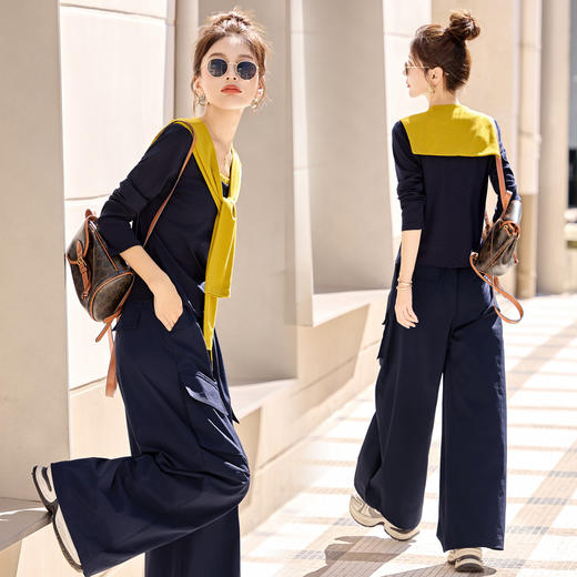 HR YF2612时尚套装裤气质优雅马甲T恤阔腿裤三件套 商品图0