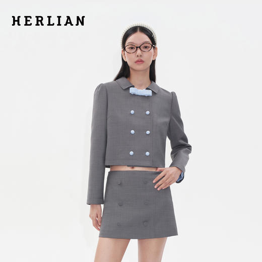 HERLIAN2025年秋季新品女士绵羊毛短外套格纹拼色设计蝴蝶结装饰 商品图1