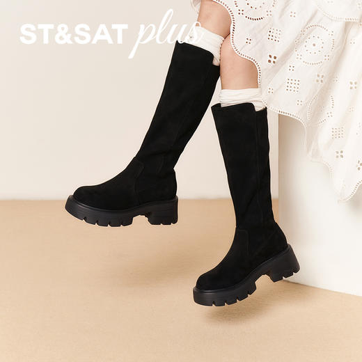 星期六黑色绒面百搭厚底过膝长靴SSD4117140 商品图2