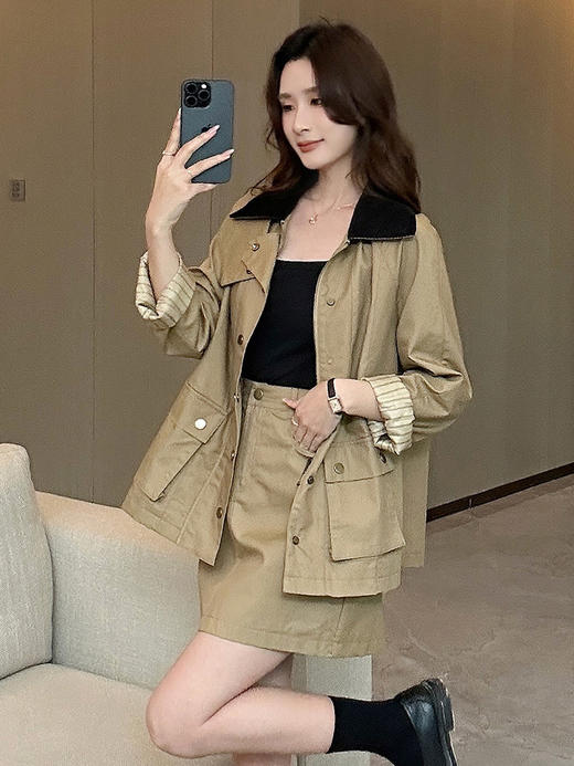 奢姿2025秋季新款气质撞色翻领上衣韩版拼接灯芯绒领休闲外套J93327044 商品图2