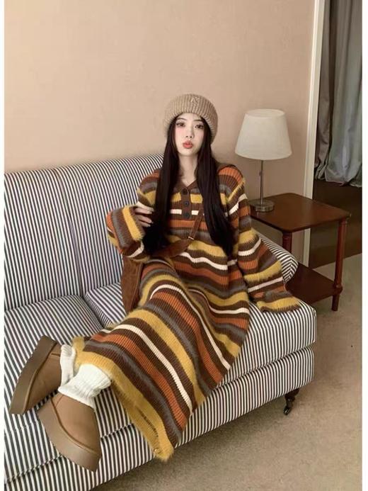 【孤品捡漏】G184彩条长款连帽针织毛衣裙-喜出 商品图1