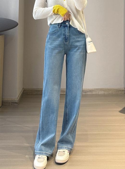 立体竖线软糯四面弹直筒牛仔裤养眼蓝窄版滞留裤 商品图6