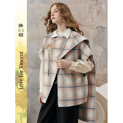 【暖冬内购】两三事梵高文艺永夜微光2025秋冬新款向日葵绣花格子双面呢外套女 商品图0