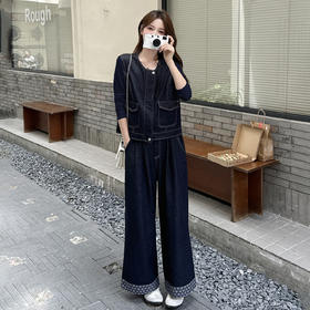 HR YDYX9372 复古港风牛仔套装裤时尚休闲牛仔马甲t恤阔腿裤两三件套