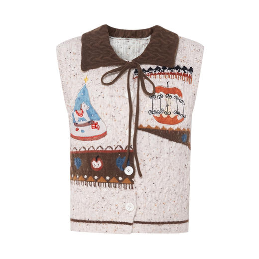 两三事雪国乐园2025秋新款趣味提花贴布绣拼色绑带翻领针织马甲女 商品图4