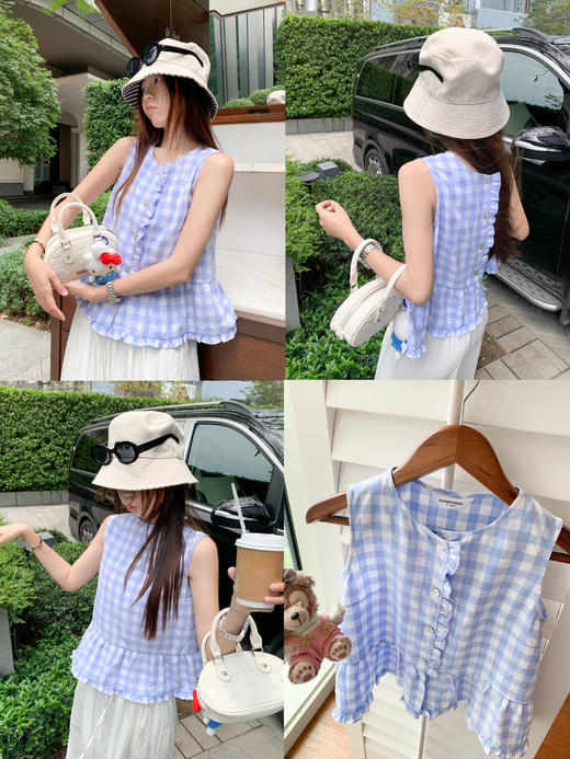 【129元任选2件】现货！蓝色格子无袖衬衫 商品图6