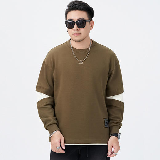 【DMH】大依优型大码男装圆领卫衣复古假两件撞色拼接休闲宽松男式长袖套头衫日系 商品图5