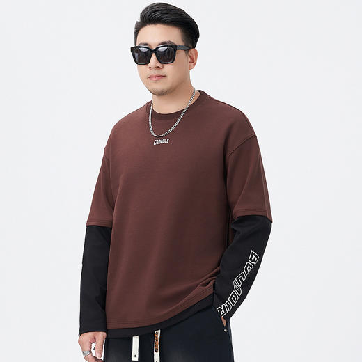 【DMH】大依优型大码男装潮流卫衣假两件袖子拼接圆领长袖T恤秋季日系简约个性印花假两件宽松男 商品图5