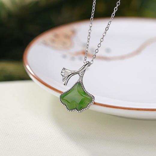 S925纯银镀金天然和田玉碧玉，吊坠复古新中式银杏叶挂坠套链CW-DZ06873 商品图2