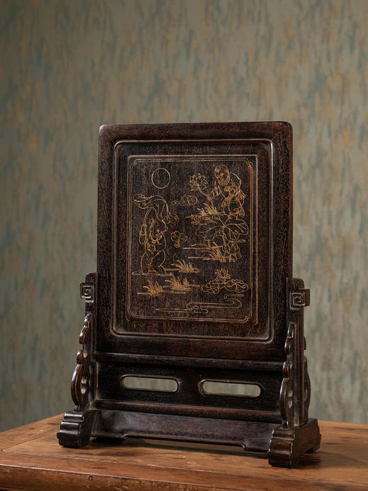 清	紫檀嵌银丝童子采莲插屏 商品图1