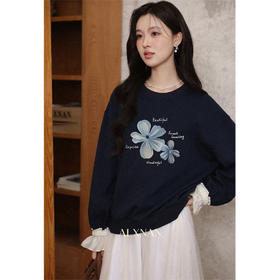 鹿向南「南洋花园」藏青色花朵圆领女士卫衣初秋高级宽松显瘦上衣
