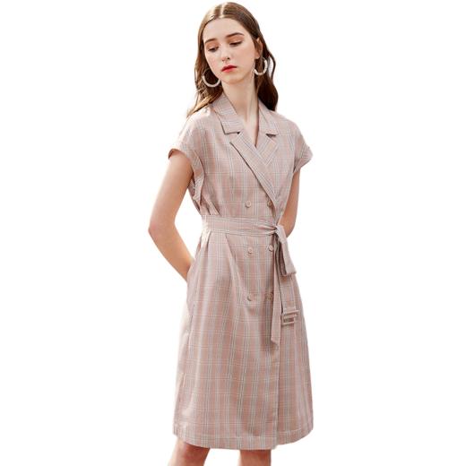 欧芮儿2019新款女装夏装插肩袖格子连衣裙女中长款西装领女裙子 商品图3