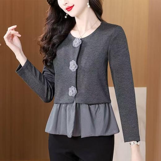 假两件灰色长袖短款外套女2025新款秋季收腰裙摆上衣显瘦漂亮小衫 商品图1