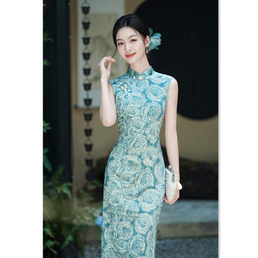 SKY 282218港风中式长款丝绒无袖旗袍 商品图3
