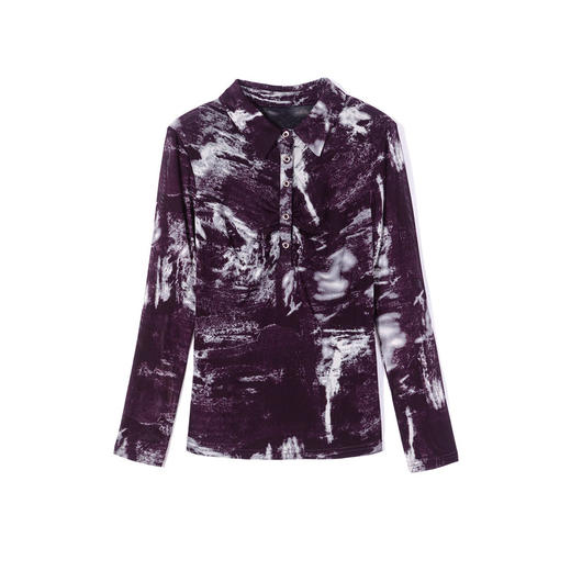 KQL E37M2928气质百搭印花网纱衬衣领长袖t恤修身显瘦小衫 商品图4