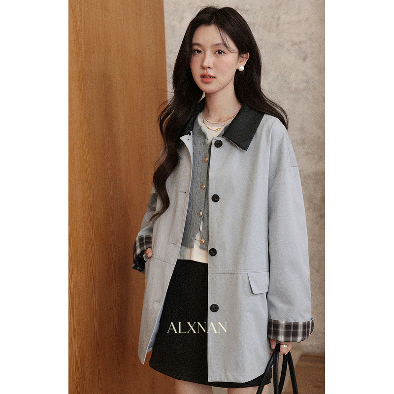 【6折秒杀】鹿向南「几行诗笺」早秋高级感撞色中长款风衣女秋季宽松休闲外套L57316