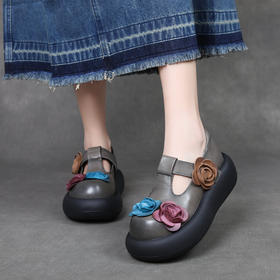 FR 85086复古花朵包头厚底魔术贴真皮罗马鞋