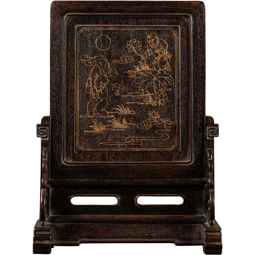 清	紫檀嵌银丝童子采莲插屏 商品图5