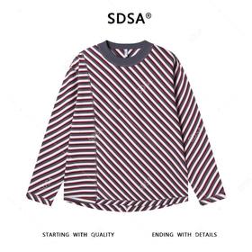 秋季高级感新款男士美式撞色斜纹长袖T恤下摆不规则设计圆领上衣