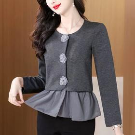 假两件灰色长袖短款外套女2025新款秋季收腰裙摆上衣显瘦漂亮小衫