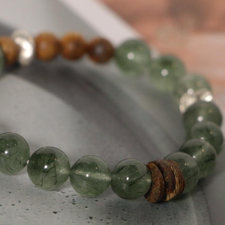 8mm 绿发晶+沉香 沉水奇楠片+非沉水奇楠6mm圆珠，925素银配件 商品图1