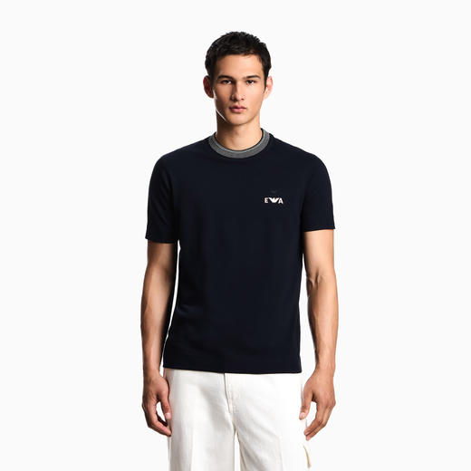 EMPORIO ARMANI 阿玛尼 男士 EA 徽标刺绣棉质圆领短袖T恤 深蓝色 EM002965 AF12955 UB118 商品图1