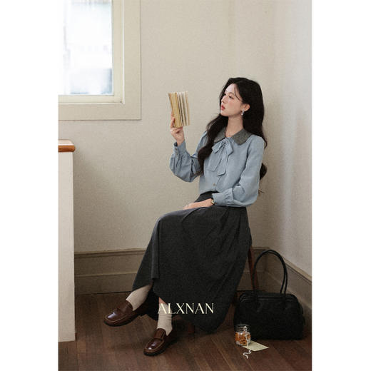 鹿向南「枫阶叠露」灰色百褶学院风休闲半身裙秋季新款宽松长裙女 商品图2