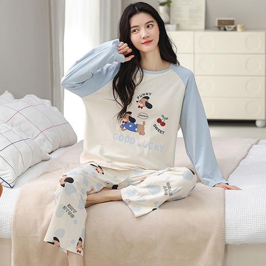 春秋全棉长袖睡衣 甜美可爱长袖休闲圆领家居服套装 商品图1