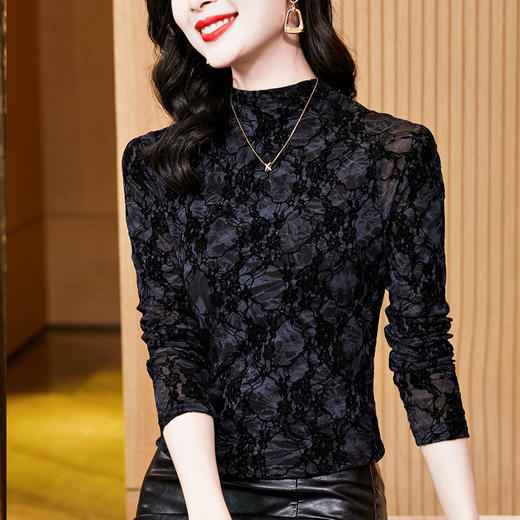 KQL E37M2932洋气百搭植绒扎染高领长袖网纱打底衫修身显瘦T恤 商品图2