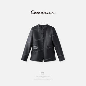 COCO ZONE 刘一一【100羊皮】圆领单排扣前口袋皮衣 CD2A1645